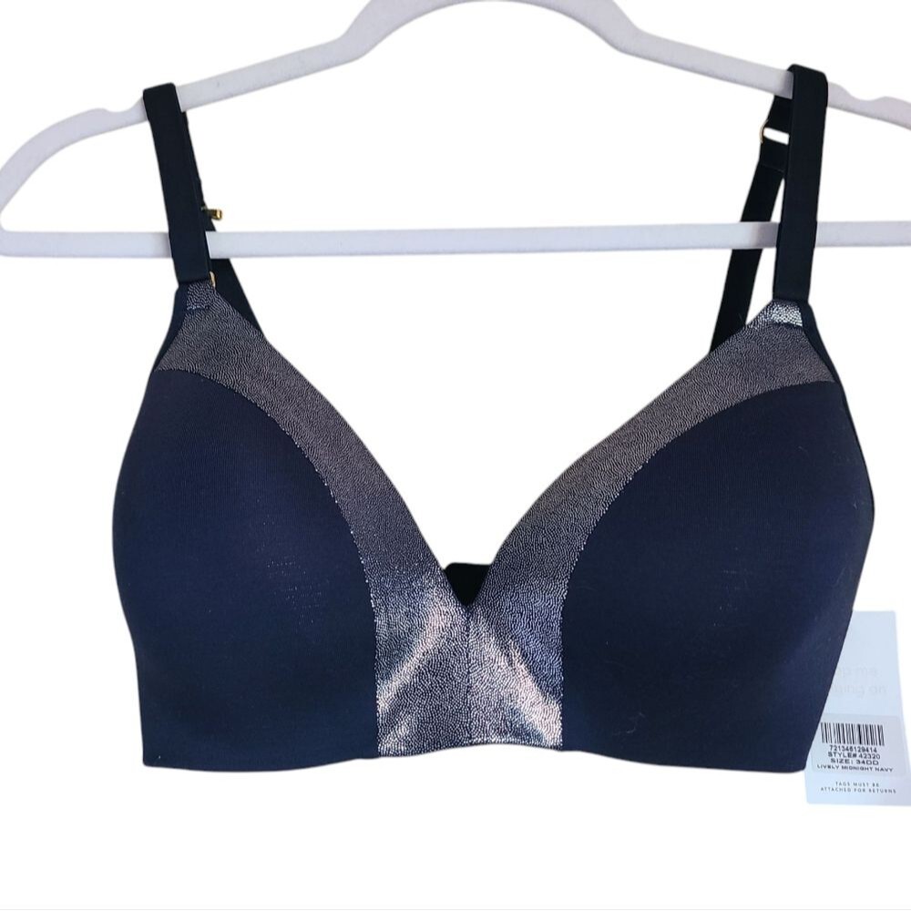 NEW lively all day deep v no-wire bra style 42320 navy and silver 34DD